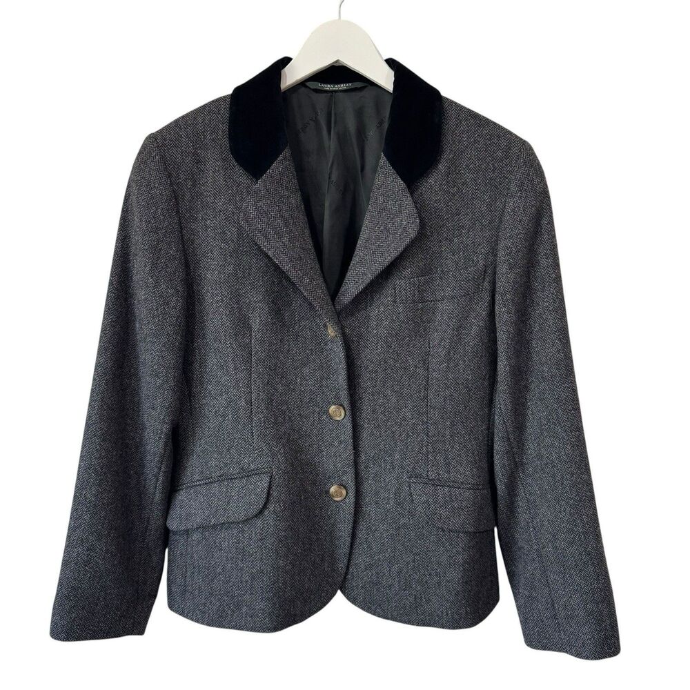 VTG Laura Ashley Wool Herringbone Blazer 10 Grey 90s Preppy Equestrian Academia